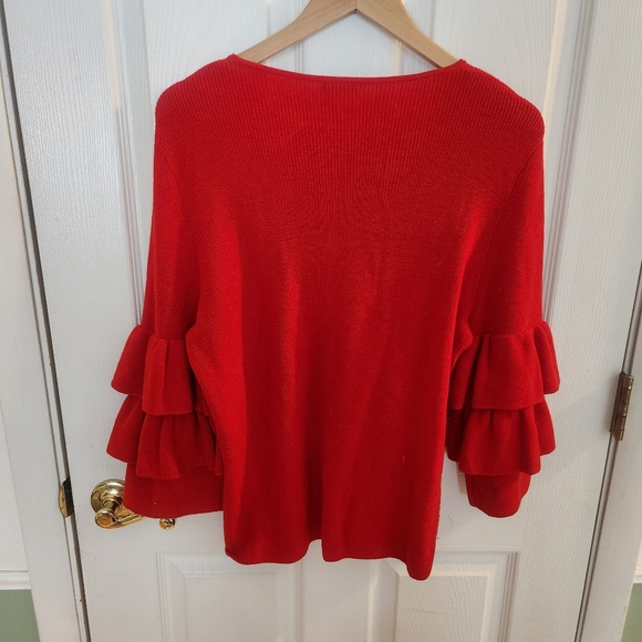 J. Mclaughlin Women Red Sz Large 100% Italian Merino Wool Tiered Sleeve Sweater - Picture 6 of 6